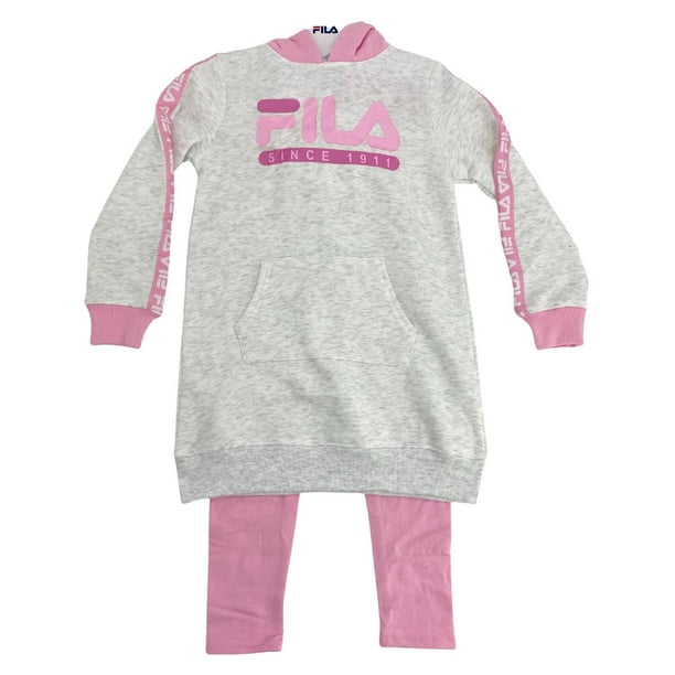 FILA Girls Oversized Pullover Hoodie and Leggings Set Pink and Light Grey