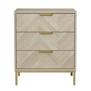 Eumyviv Rustic Metal & Wood 3 Drawer Nightstand, Herringbone Pattern Side Table, Oak Finish