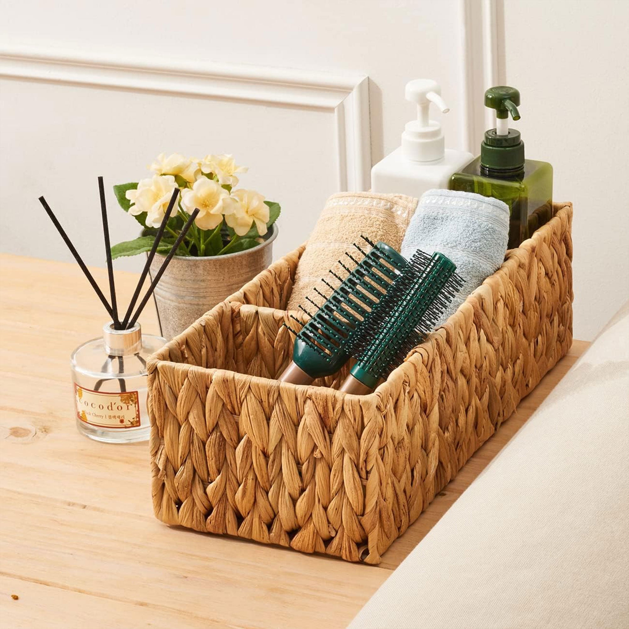 Hengbo 2Pack 3-Compartment Water Hyacinth Hand-Woven Wicker Baskets Home/Toilet Tank Top Storage