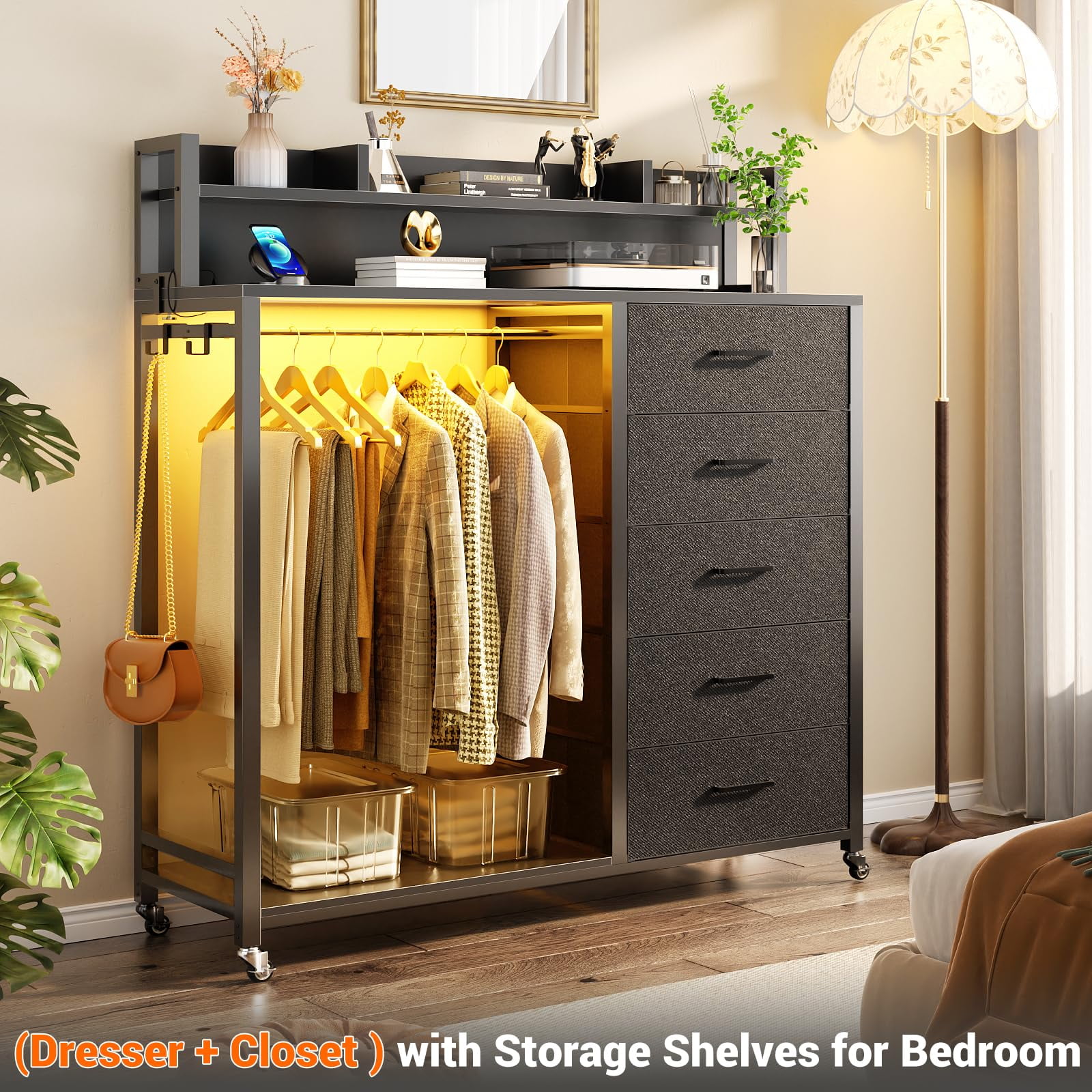 Aheaplus Dresser for Bedroom with Clothes Rack & Shelves, 5 Drawers Dresser with Charging Station & LED Lights, Chest of Drawers with Lockable Wheels, Storage Shelves, Bedroom, Entryway,Black