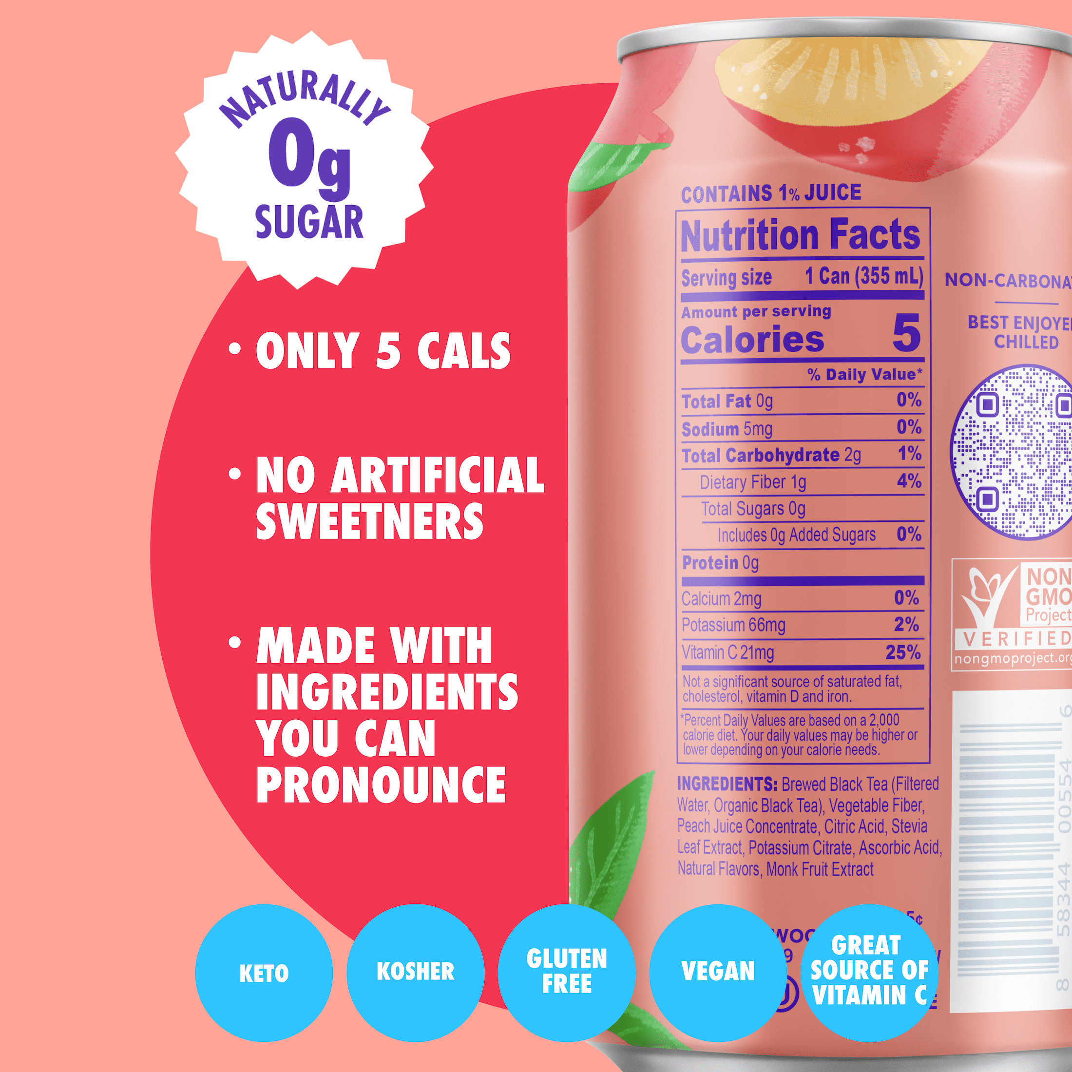 (12 pack) Swoon Zero Sugar Peach Tea, 5 Calories, Sugar Free, 12 fl oz Can