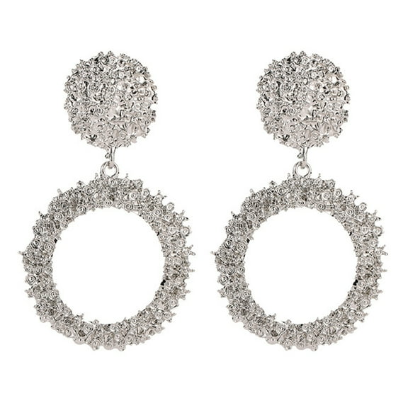 Grandest Birch Women Geometric Hollow Circle Pendant Dangle Stud Earrings Jewelry Decor Alloy Silver