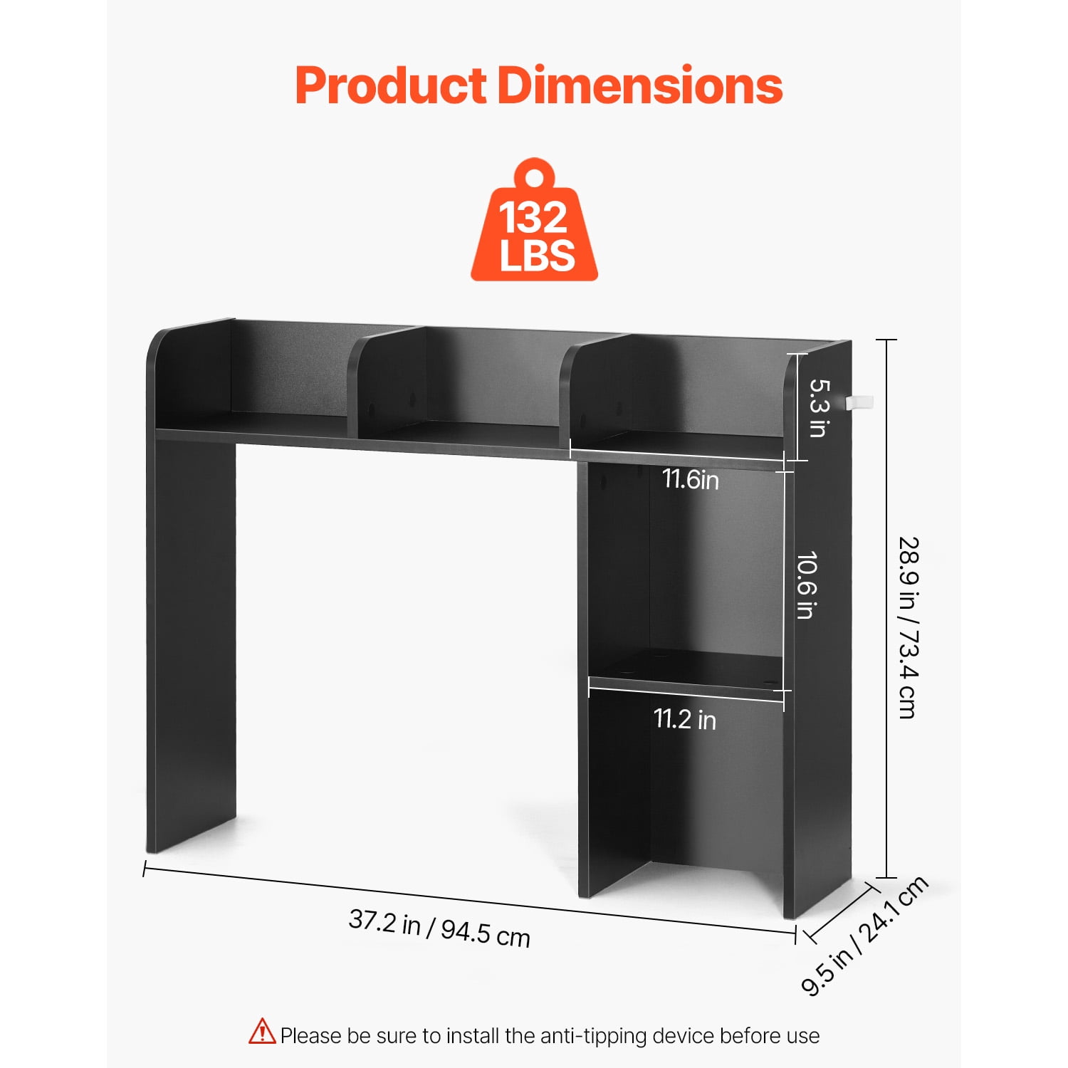 KFFKFF Tabletop Bookcase, Dual-Level Desk Storage Solution, Dimensions 37.2" x 9.5" x 28.9", Office Rack Wooden Showcase, Tabletop Bookcase Hutch with Non-Slip Foot Pads, Black