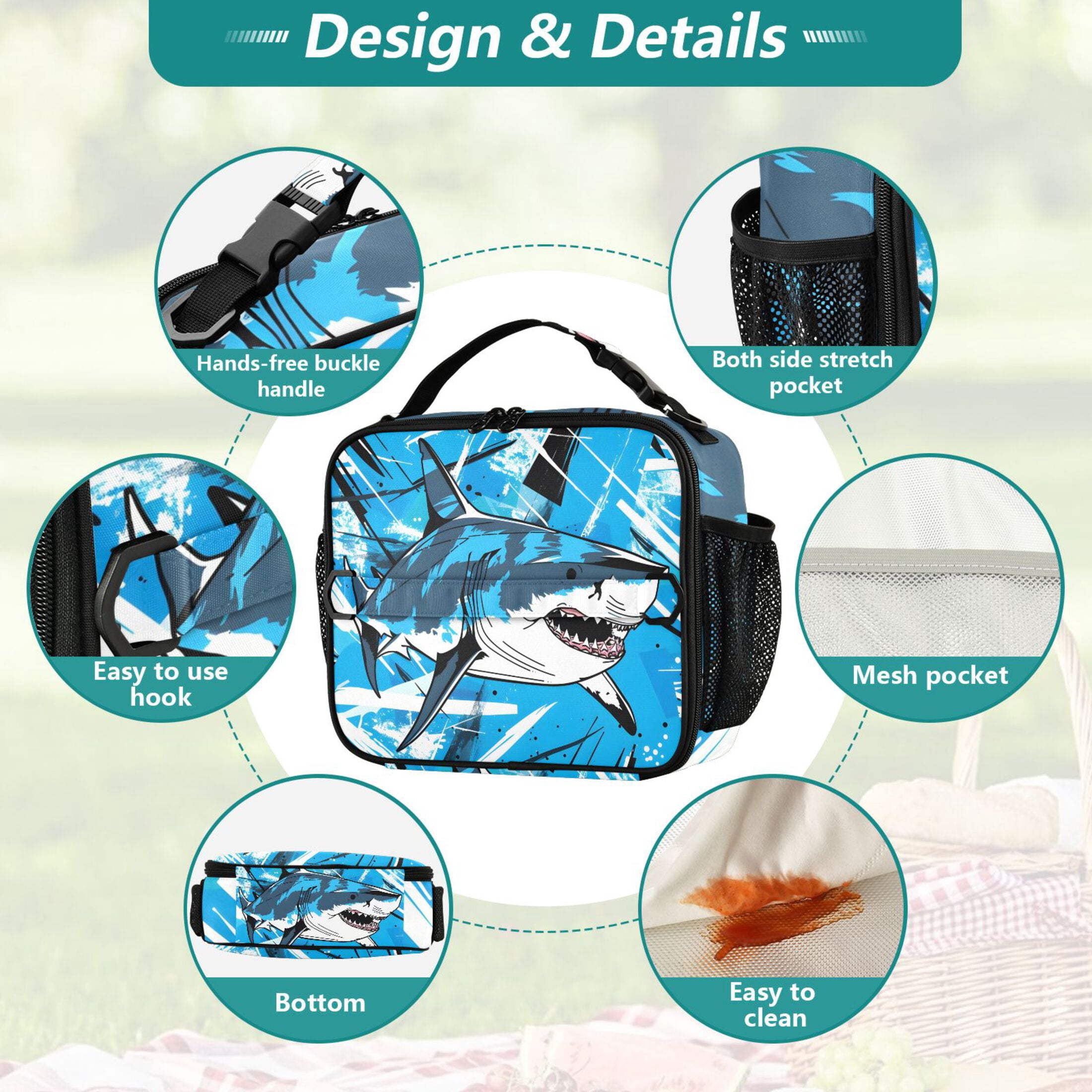 ALAZA Fierce Shark Lunch Box Insulated Lunch Bag Cooler Tote with Shoulder Strap