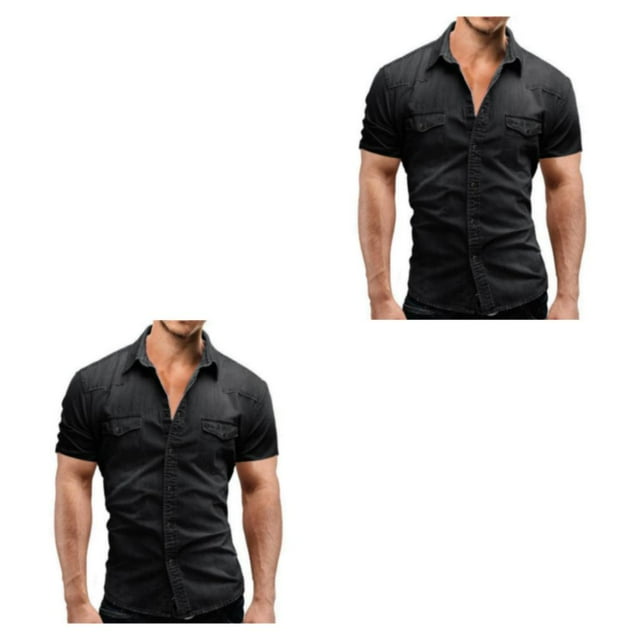 Minnieouse Camisa de mezclilla delgada para hombre, manga corta, estilo americano, cierre de botones, ajuste muscular, ropa informal, camiseta de Type5 NO5