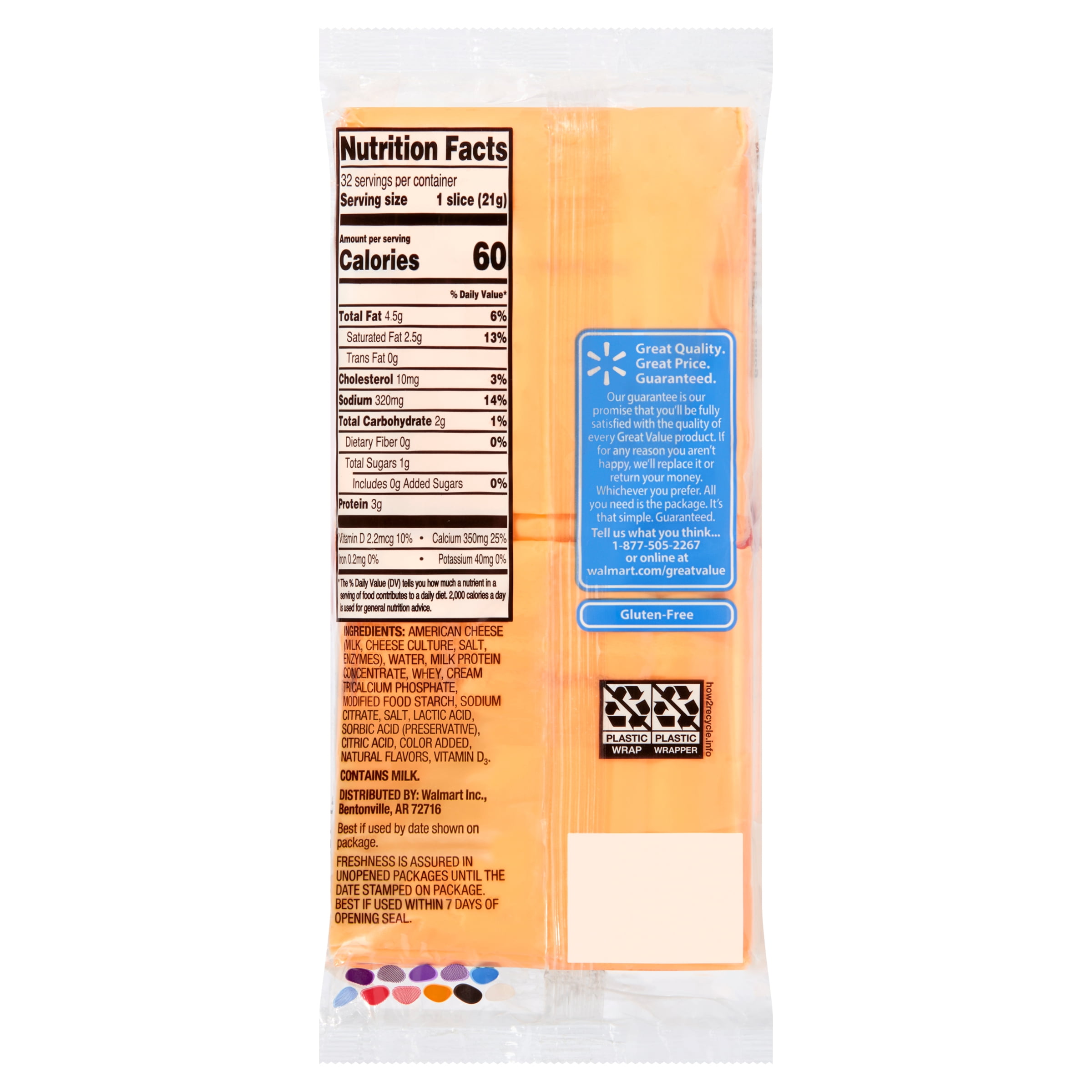 Great Value Individually Plastic Wrapped Singles American Cheese Product, 24 oz, 32 Slices