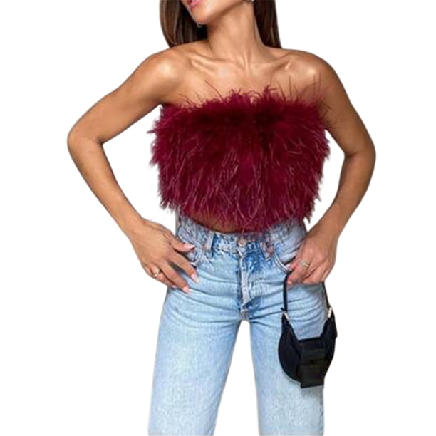 SAYOO Mujeres Plumas Crop Tops Faux Fur Tube Top Sin Mangas Color Sólido Camisole Cami Chaleco para Club Party SAYOO Vogue