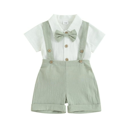 

Mioliknya Toddler Boy Gentleman Outfit Romper with Bow Tie and Overalls Shorts