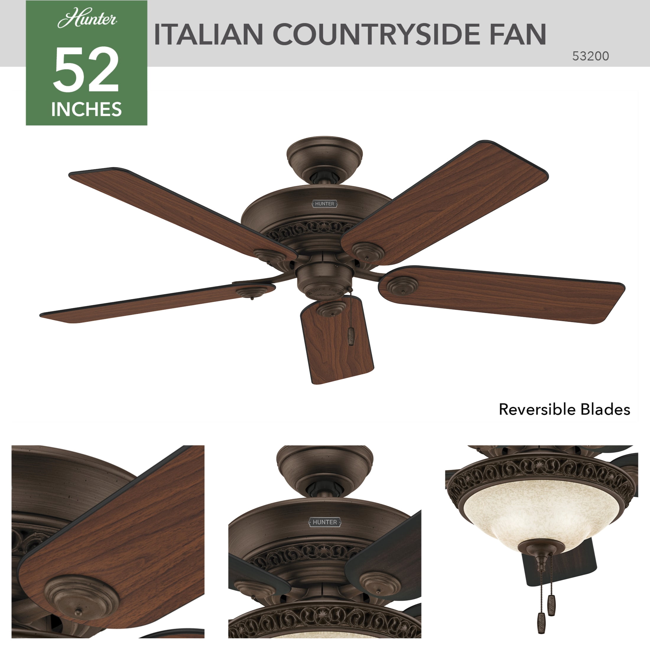 Hunter 52 inch Indoor Ceiling Fan with LED Light - Brown Ceiling Fan with Pull Chain, For Bedroom or Living Room, Standard Mount, No Remote, 5 Blades - Italian Countryside 53200, P.A. Cocoa