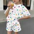 thumbnail image 2 of Girls Kids & Youth 2 Piece Outfit Soft Stretchy Breathable Summer Matching Shorts Set Rainbow Heart Print Polyester Spandex T-Shirt and Shorts,Size 3-4T, 2 of 8