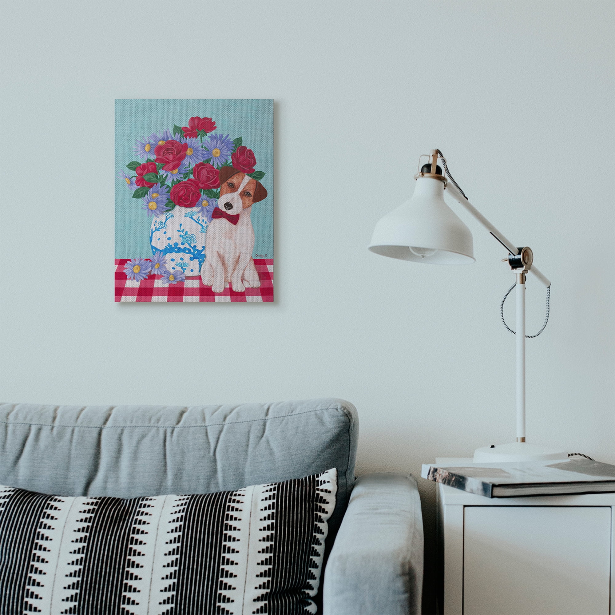 Stupell Home Décor Flower Vase with Dog Red Blue Animal Pet Painting Canvas Wall Art by Sally B