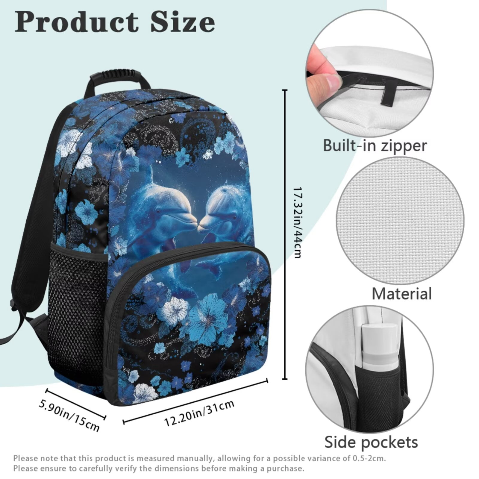 Pzuqiu Blue Floral Dolphin 4 Piece School Backpack Set Backpacks for Teens Girls with Lunch Box Pencil Case 2pcs Bookmark,17 Inch Large Travel Rucksack Schoolbag for Middle School