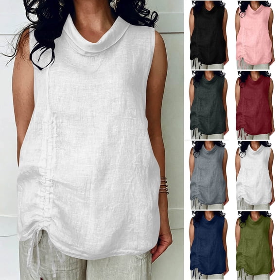 VBVC Women's Cotton Linen Side Ruched Tank Top , Ladies' Sleeveless Cowl Neck Tunic Blouse , Summer Casual Elegant Vacation Shirt For Women,White,S-2XL