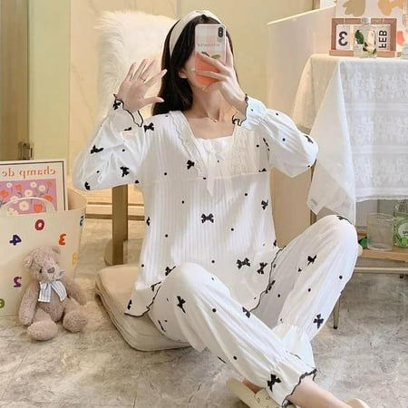 

CoCopeaunt Printed pajamas set spring and autumn long sleeved pajamas cute sweet large home clothes cotton set