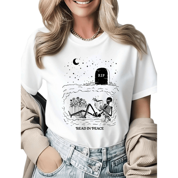 Funny Reading Skeleton Read In Peace Graphic Tees Womans Tshirt Shirts Black White S-5XL Tops