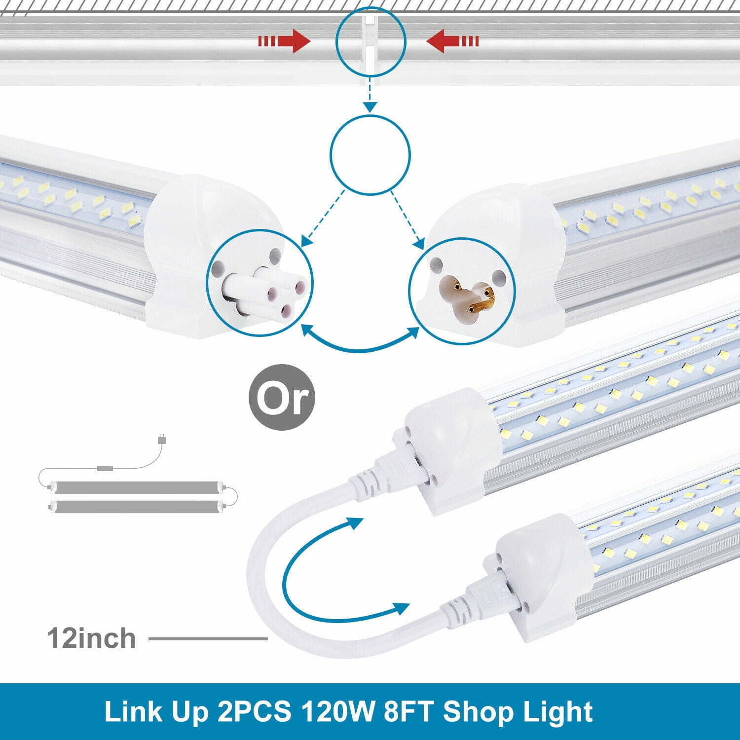 6PCS 120W 8' LED Tube Light Garage Bulbs T8 Linkable 8FT LED Shop Light Fixture
