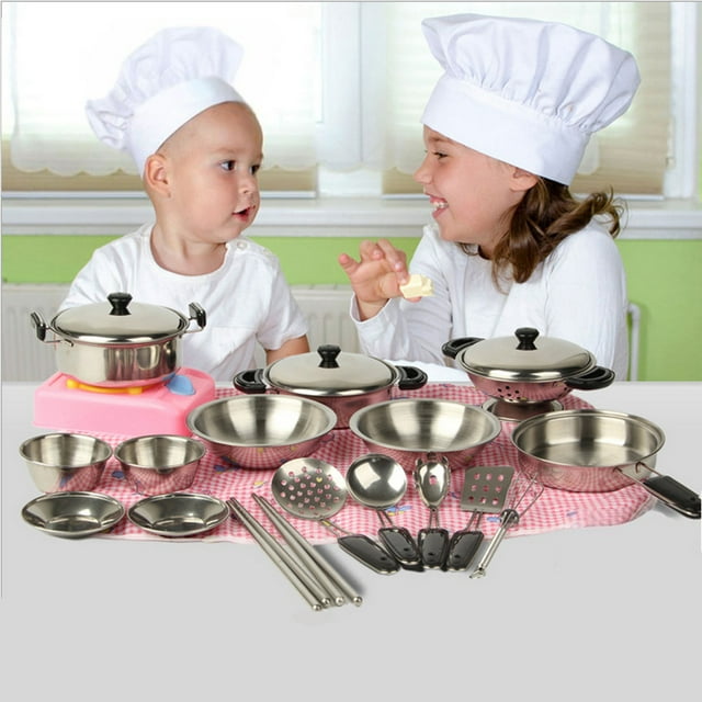 20Pcs Stainless Steel Pots Pans Cookware Miniature Toy Pretend Play Kid
