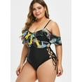 thumbnail image 2 of Rosegal Women Swimwear Plus Size Palm Print Lace Up Ruffled One-piece Swimsuit Black 3X, 2 of 4