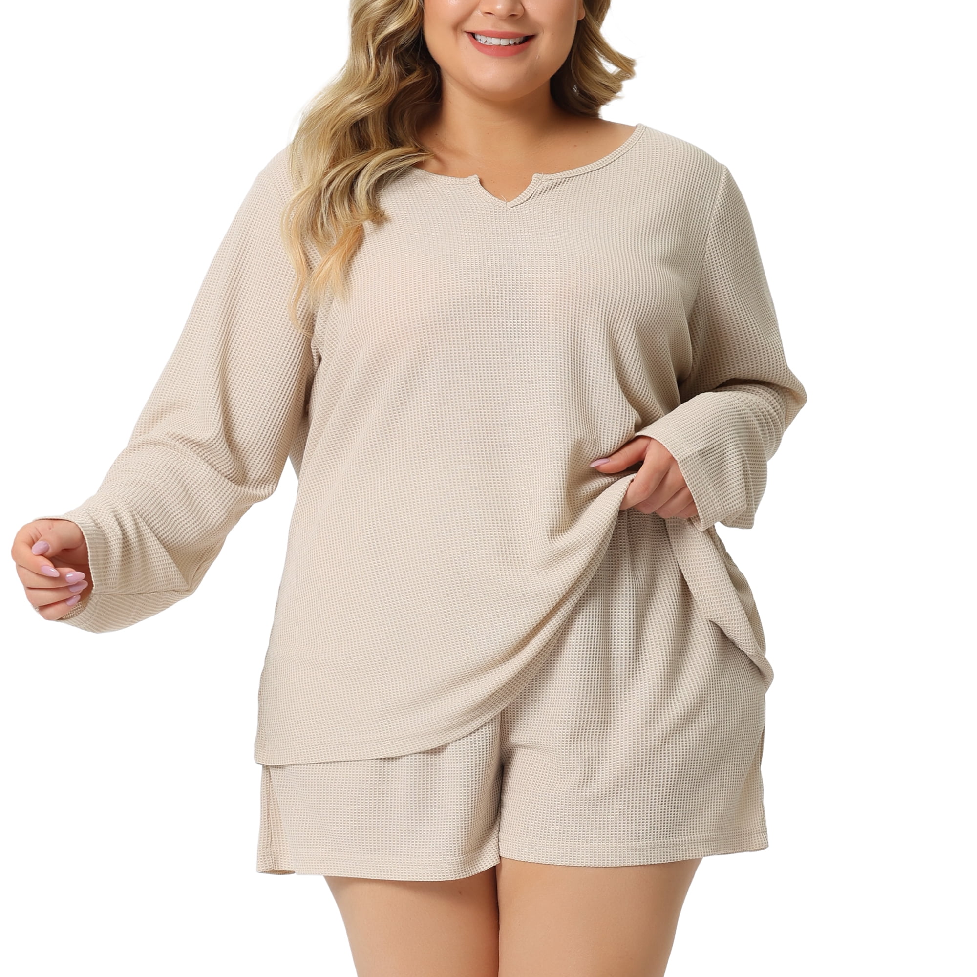DARING DIVA Women's Plus Size 2 Piece Long Sleeve Pajama Sweatsuits Sets 4X Beige