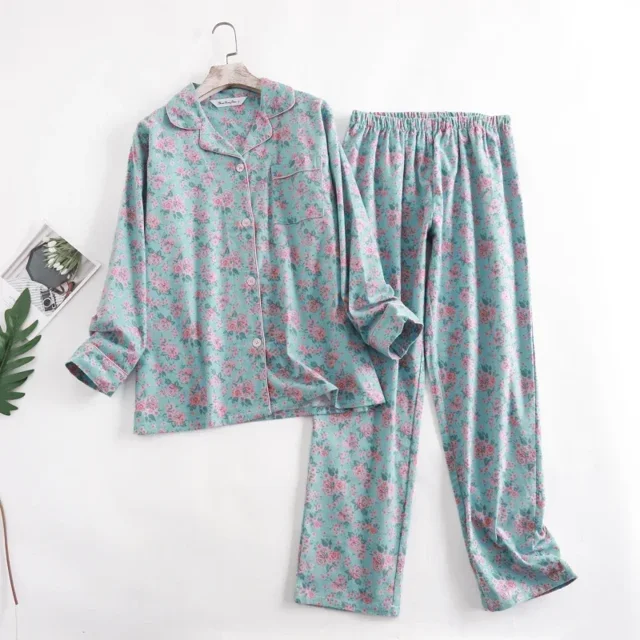 Pyjama en Flanelle de Coton pour la Maison Imprimé Simple Ample Automne et Hiver Manches Longues Ensemble de Pyjamas pour Femmes tzw