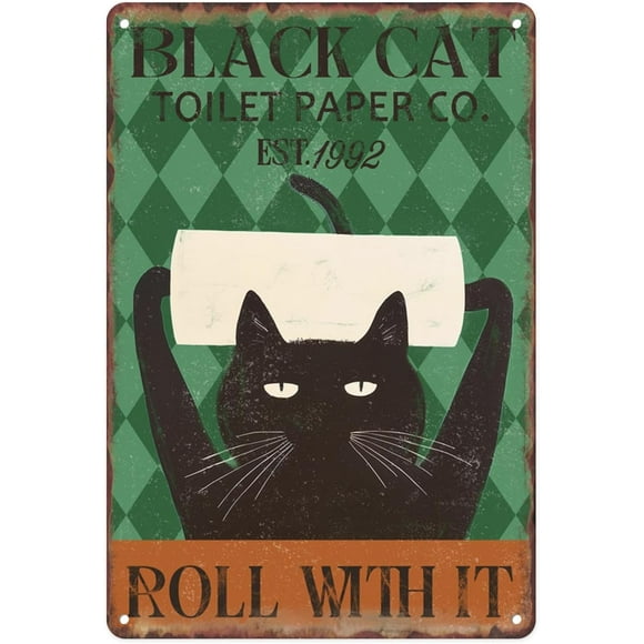 Black Cat Funny Metal Sign Toilet Paper Roll with It Retro Diamond Grid Tin Sign For Toilet Bathroom Living Room Door Bar Hotel Club Guest Wall Decor Vintage Style Art Painting 12 X 8 Inch