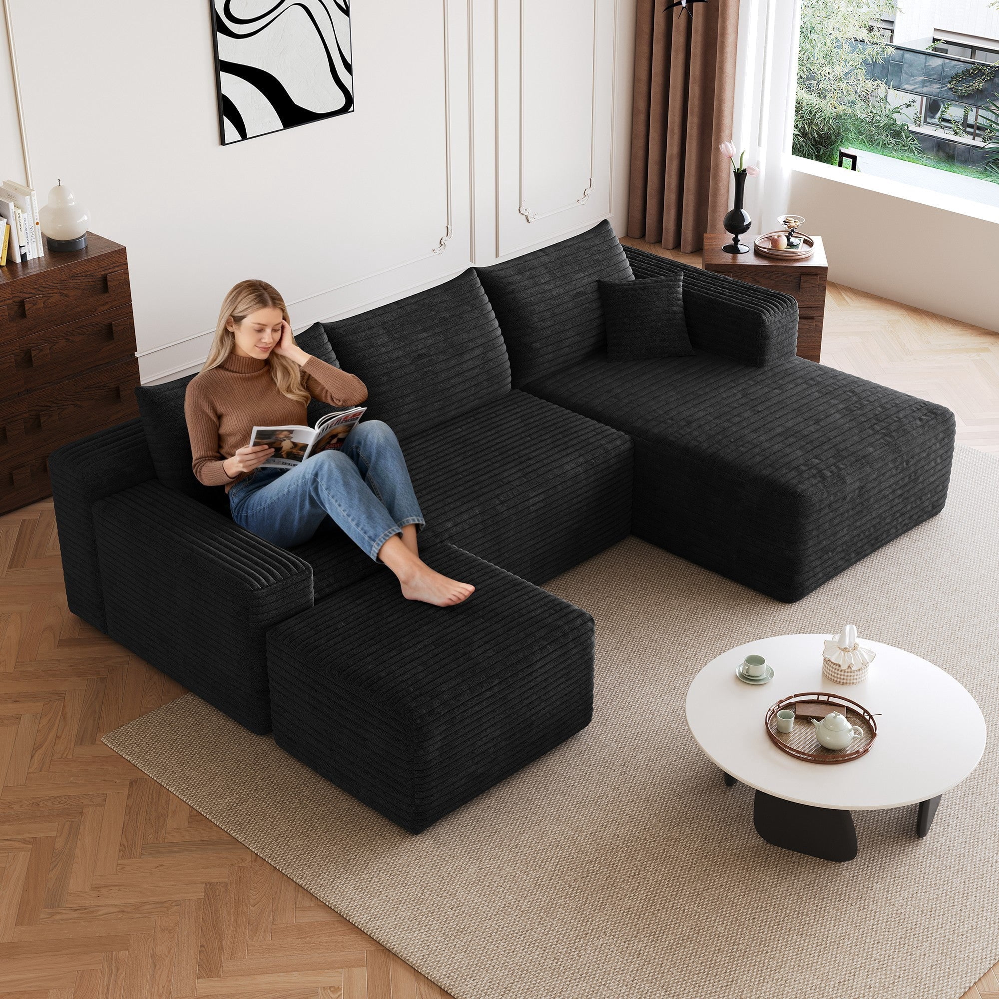 Sailvan 95" Cloud Sectional Sofa,No Assembly Required Modular U Shaped Couch,Plush Corduroy Upholstered Deep Seat Sofa for Living Room Black Right