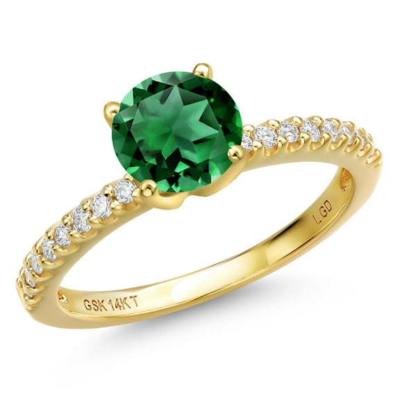 Gem Stone King 14K Yellow Gold Green Nano Emerald and Lab Grown Diamond Engagement Ring for Women | 1.38 Cttw | Round 7MM | Gemstone Birthstone | Wedding Engagement Anniversary Ring| Size 8