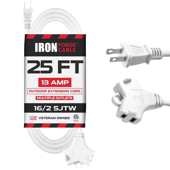 Iron Forge Cable 2 Prong Outdoor Extension Cord 25 ft with 2 Outlets - 16/2 SJTW, 13 Amp 25ft White Extension Cord with Multiple Outlets