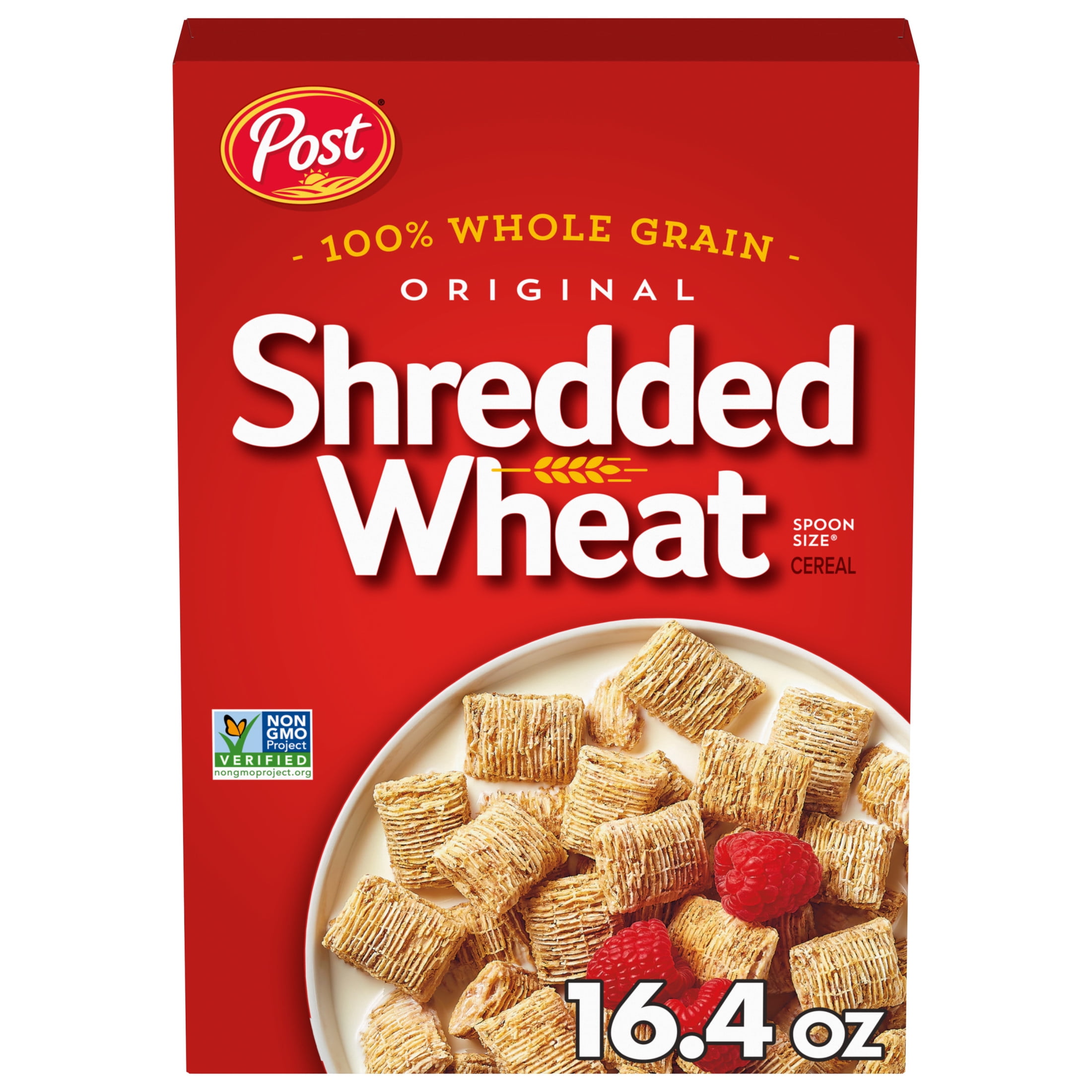 (3 pack) Post Spoon Size Shredded Wheat, Whole Grain Breakfast Cereal, High Fiber, Kosher, Crunchy 16.4oz Box