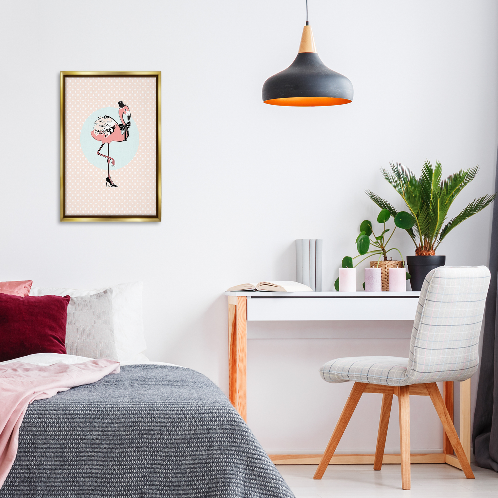 Stupell Industries Flamingo & Top Hat Novelty Painting Gold Floater Framed Art Print Wall Art, 17 x 25