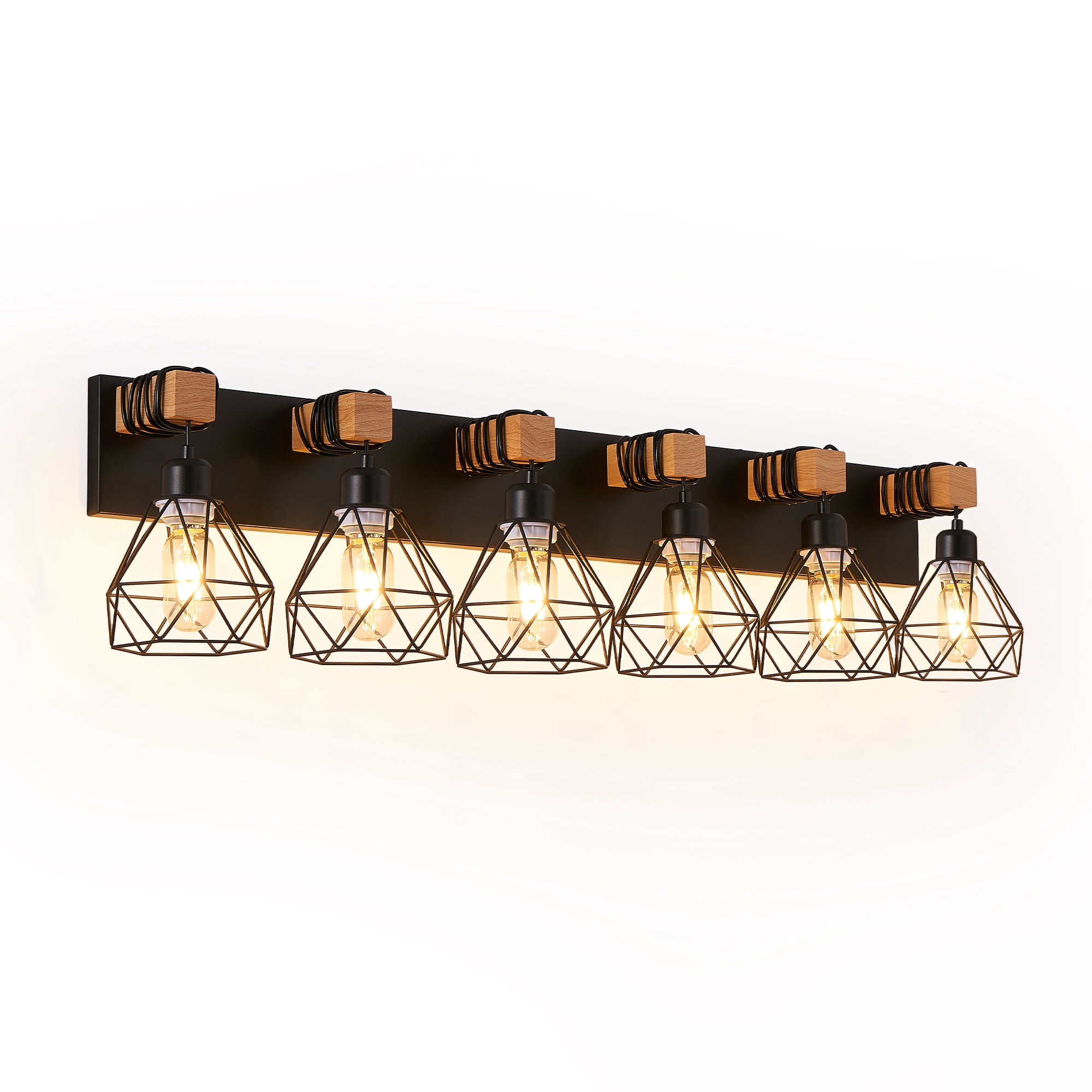 6-Light Vanity Light Fixture 38.2" with Black Metal, Modern Geometric Wooden Accents and Cage Lampshade for Bathroom, Bedroom,or Living Room