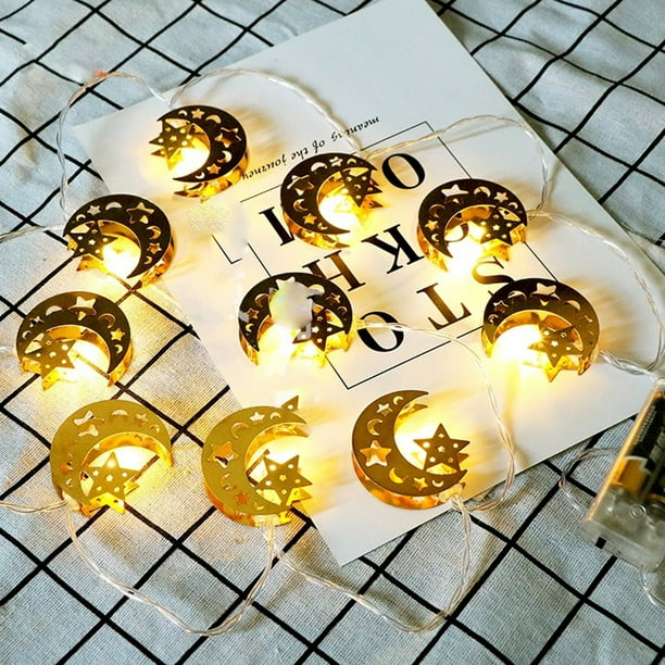 Xihbxyly Faroles Led para Ramadán Eid, Diseño de Hierro Dorado, Opciones En Blanco Cálido y Multicolor, Decoración para Festivales, Fiestas o Habitaciones, 10 Faroles, 165 Cm de Largo, Funciona con P