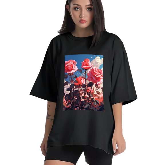 Plus Size Shirt for Women Black Tops for Women Short Sleeves Shirt for Women Red Rose And Sky1 T Shirt Crewneck Shirt for Women XS