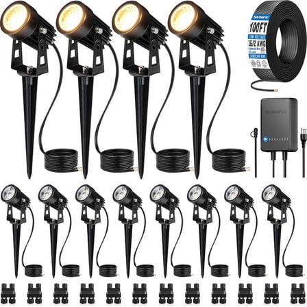 SUNVIE All-in-One LED Low Voltage Landscape Lighting Kit, 12 Pack Lights with Transformer 100FT Wire