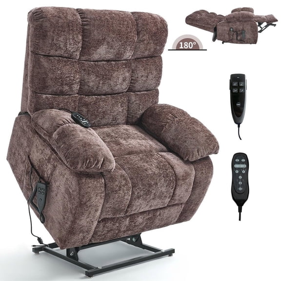 Resenkos Oversized Dual Motor Power Lift Recliner, 25" Wide Seat, Massage & Heat, 350lb Capacity, Chenille, Brown