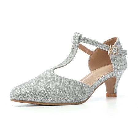 DADAWEN Women Closed Toe Kitten Heels T-Strap Mary Jane Dress Shoes Silver 5 US