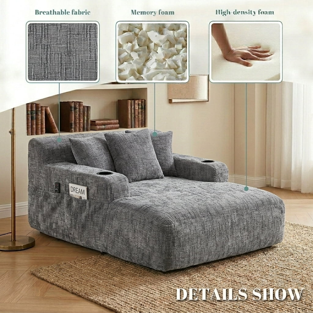 MOONMISS Chenille Chaise Lounge Chair Indoor, Single Sleeper Sofa Chair with Pillows & Cup Holders, Comfy Compression Sofa Bed for Living Room, Bedroom