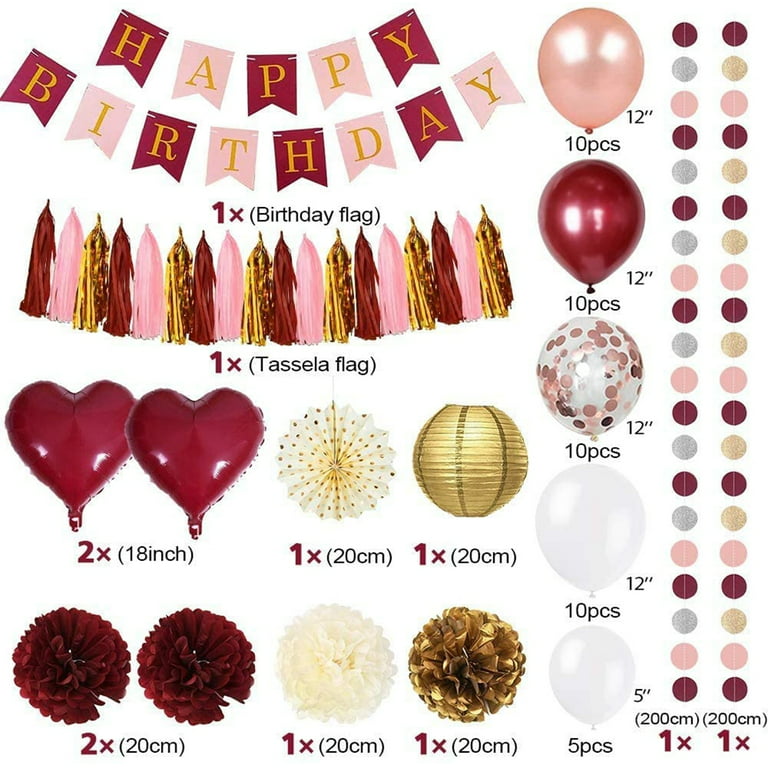 Rose Gold Birthday Decorations Burgundy Party Decorations for Girl Woman  Happy Birthday Heart Foil Balloons Rose Gold Confetti Bal 