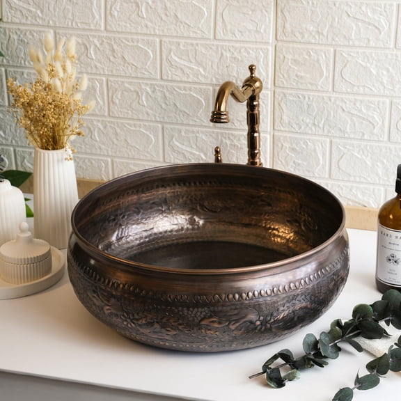 16" Hand Engraved Hammered 100% Solid Copper Kitchen & Bathroom Vessel Sink Bowl – Countertop Basin for Vanity & Powder Room | Eco-Friendly Rustic Copper Sink