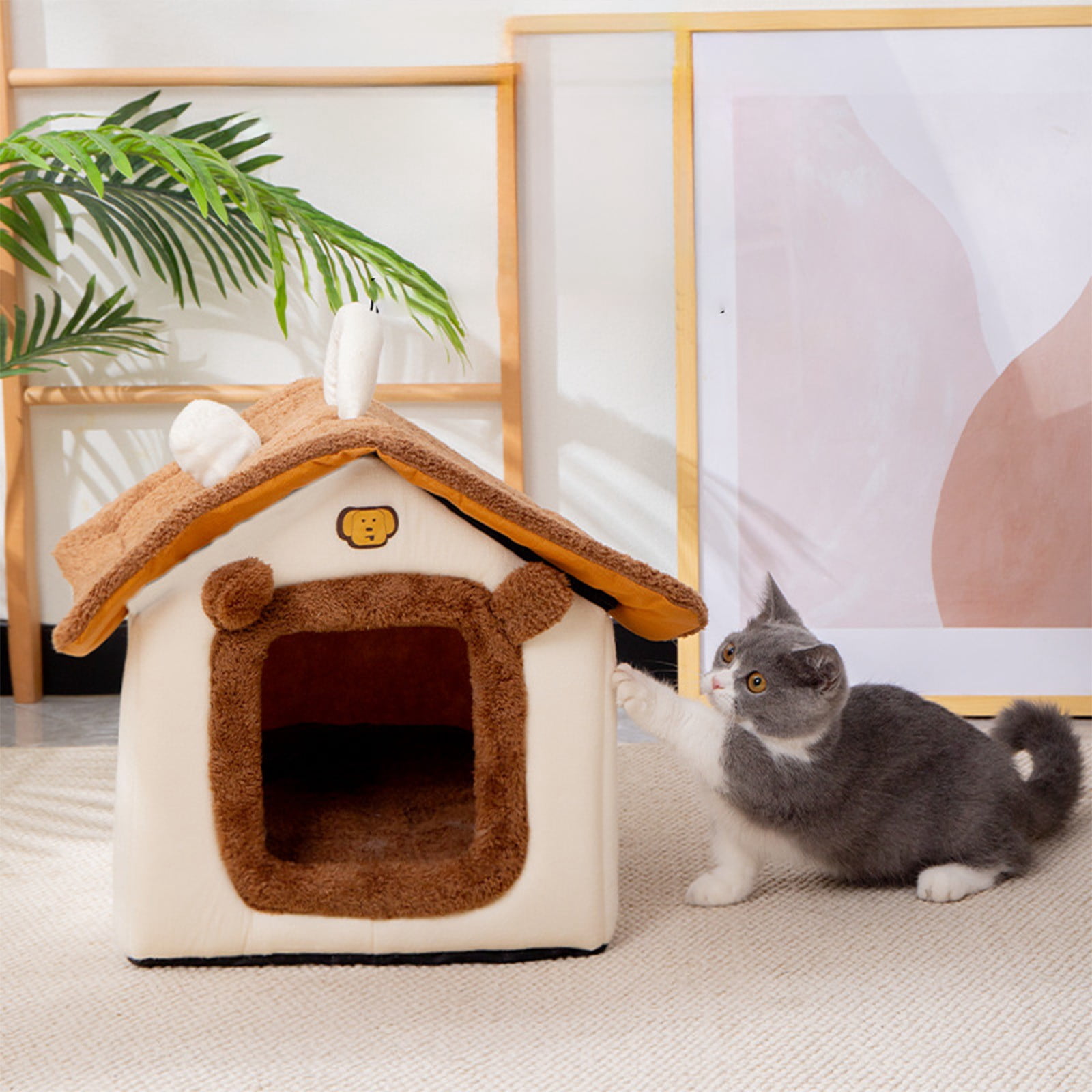 FastXmas Dogs Cats Velvet Bed House,Cosy and Soft Pets Round or Cottage Shape Dogs Cats Beds, Warm Non-Slip and Washable Pets Bed for Indoor Outdoor Foldable Soft Bed Warm Cats(S 11.8x13 In)