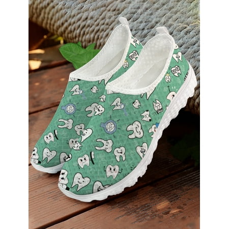 

Ladies White Cartoon Teeth Print Summer Breathable Mesh Shoes Casual Comfortable Loafers Medical Zapatos Planos