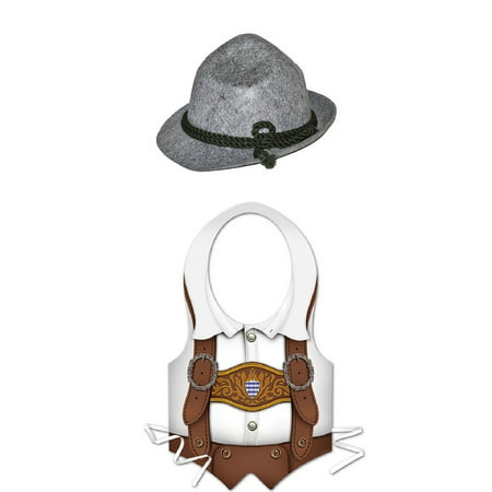 Oktoberfest Bavarian Lederhosen Plastic Vest Bayern Alpine Hat Costume Kit Set