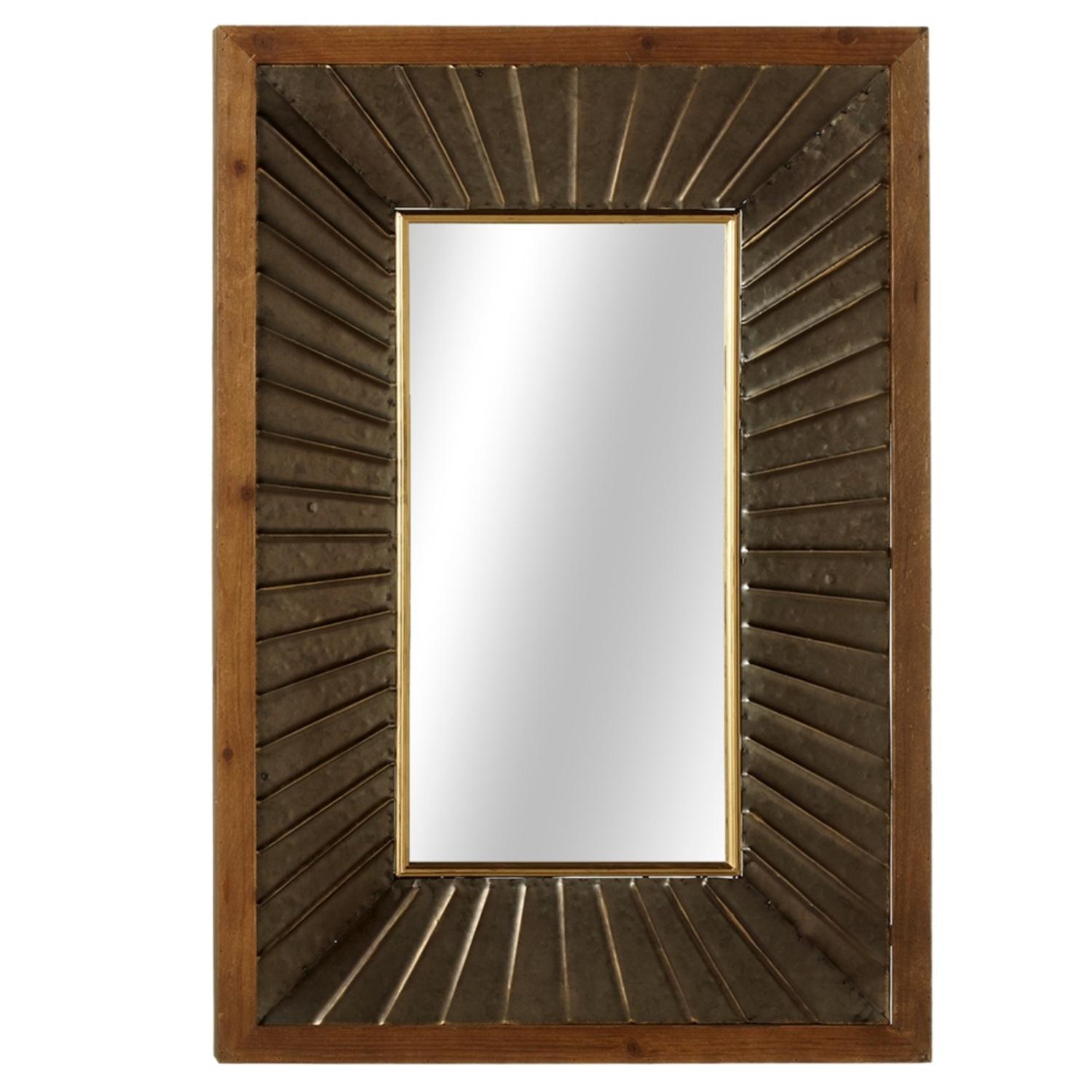 Wooden Brown Framed Galvanized Metal Fluted Decorative Rectangular Wall Mirror 38"