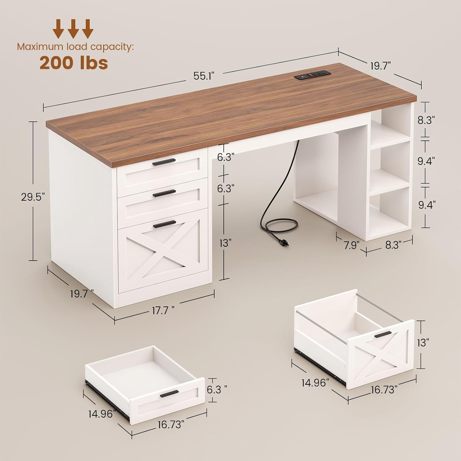 55.1" Farmhouse Desk with 3 Drawers & Open Shelves, Home Office Desk with Power Outlets & File Drawer, Wood Desk with Ample Storage, Computer Desk for Bedroom, White & Brown Top
