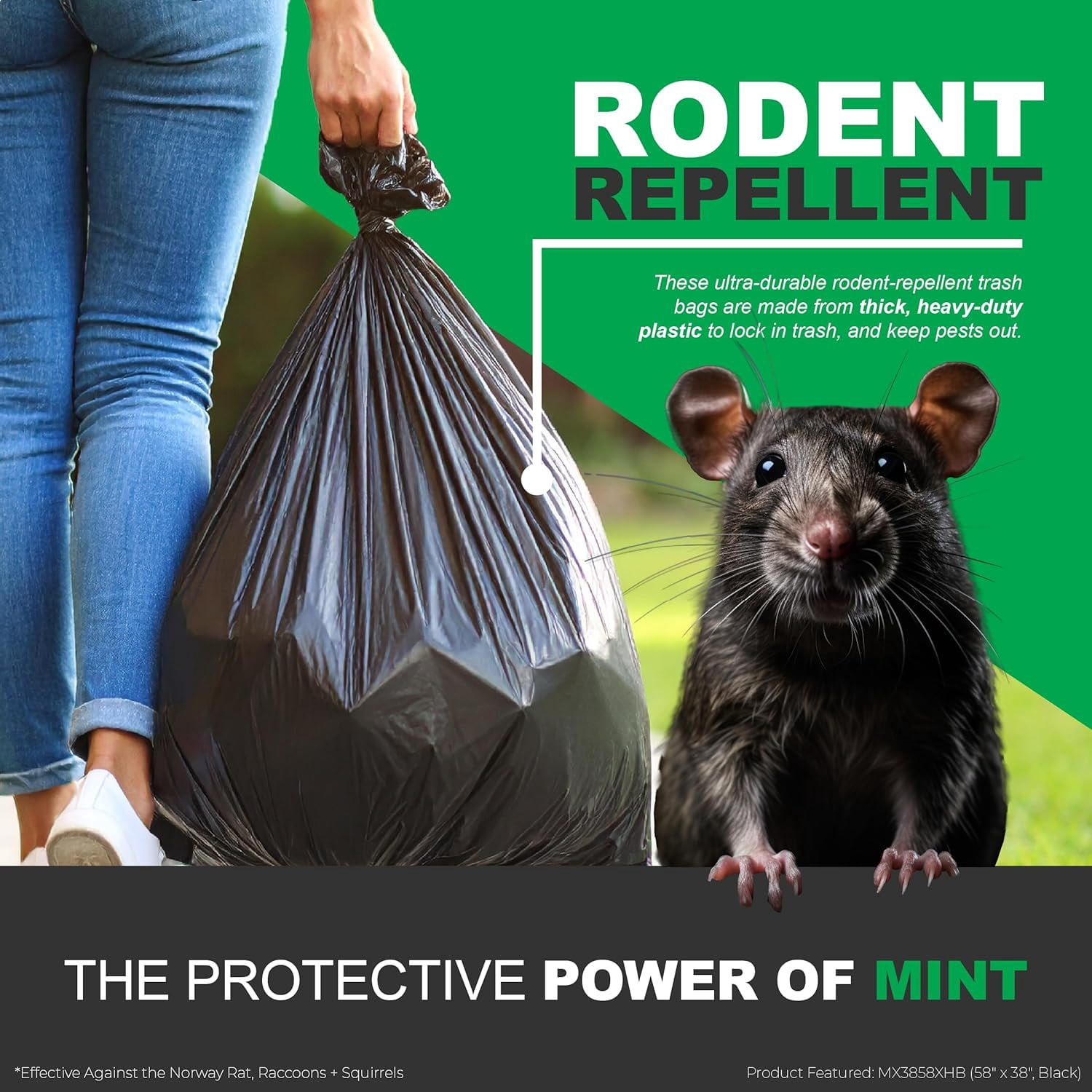 Rodent Repellent Outdoor Home and Industrial Trash Bags with Drawstring & Mint-Flex Technology; 33 Gallon, 90 Count, Black