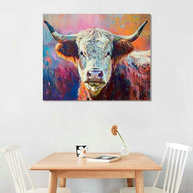 Orinice Farm Cow Canvas Wall Art Colorful Animal Graffiti Highland