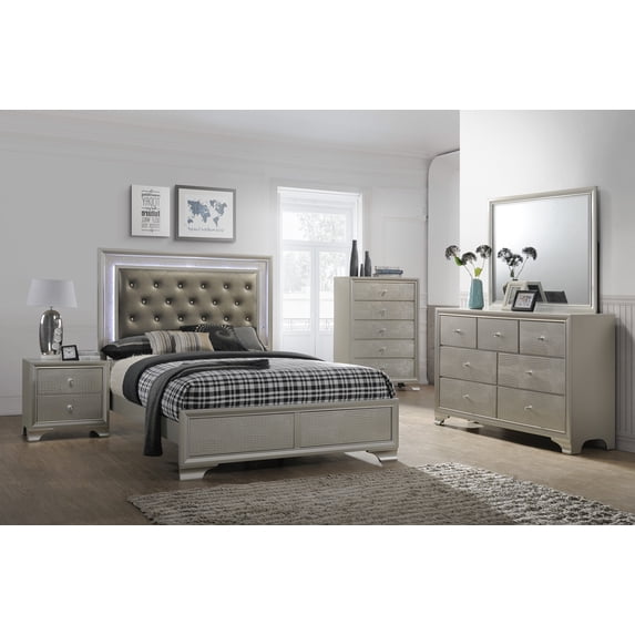 Ortensia Champagne LED Upholstered Panel Bedroom Set Special Full 4 Piece: Bed, Dresser, Mirror, NightStand
