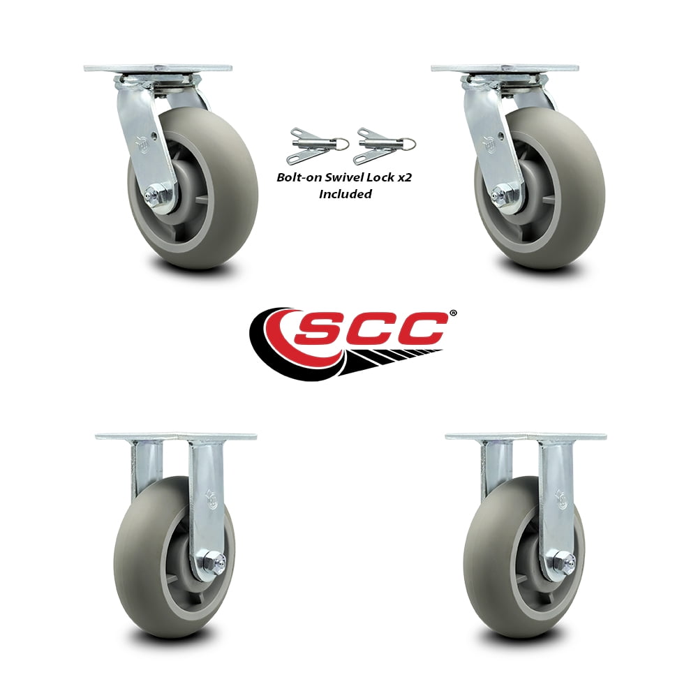 6 Inch Thermoplastic Rubber Caster Set with Roller Bearing 2 Swivel Lock 2 Rigid
