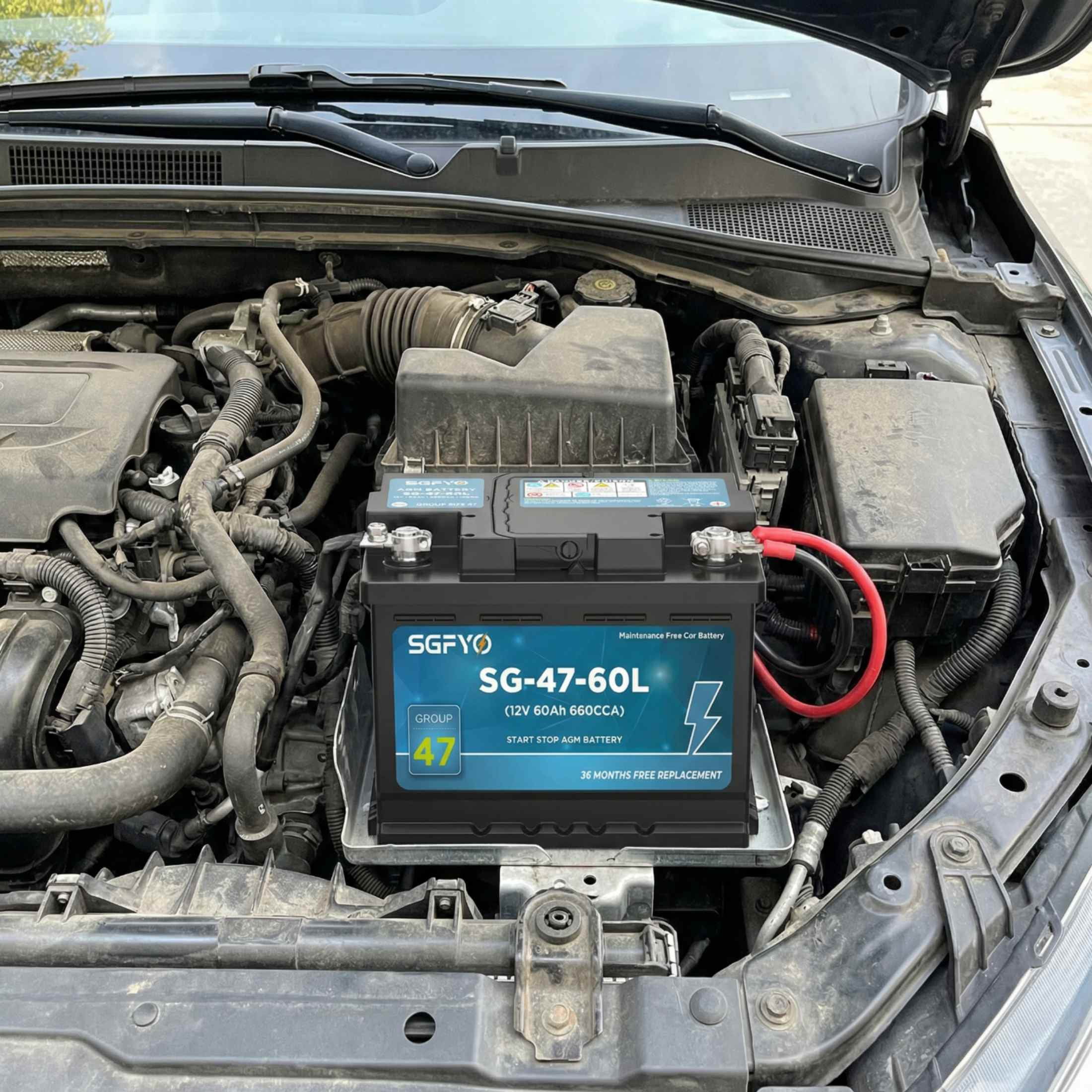SGFYO Group Size 47 AGM Car Battery ,12V 60Ah 660CCA 100RC Maintenance Free H5 L2 Automotive Replacement Batteries