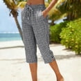 thumbnail image 6 of Gingham Capris for Women Petite Linen Cropped Pant Lightweight Dressy Casual Wide Leg Elastic Waist Summer Pull on Ladies Palazzo Capri Trouser with Pockets Black 3XL, 6 of 6